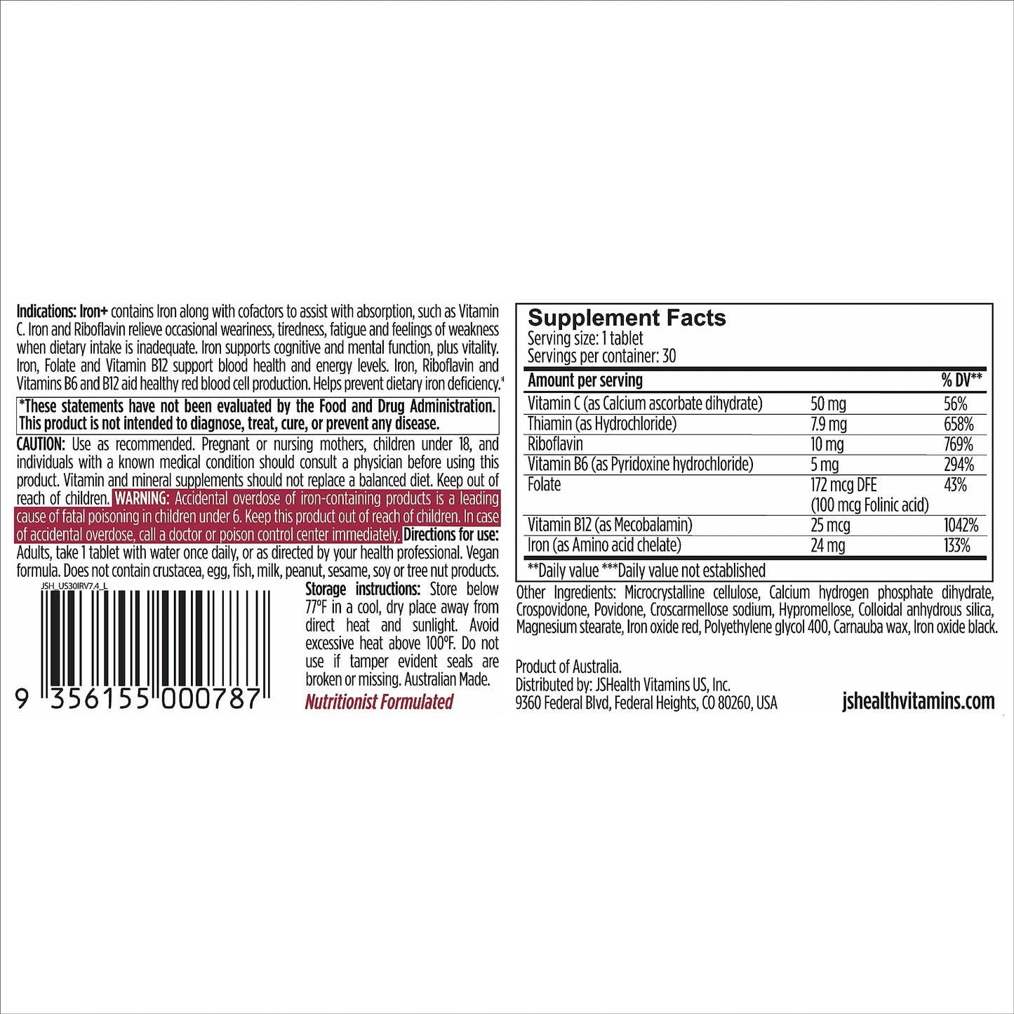 JSHealth Vitamins Iron+ Supplement for Energy Support - Iron Deficiency Pills with Vitamin C and Vitamin B12 - No Nausea - (30 Tablets)