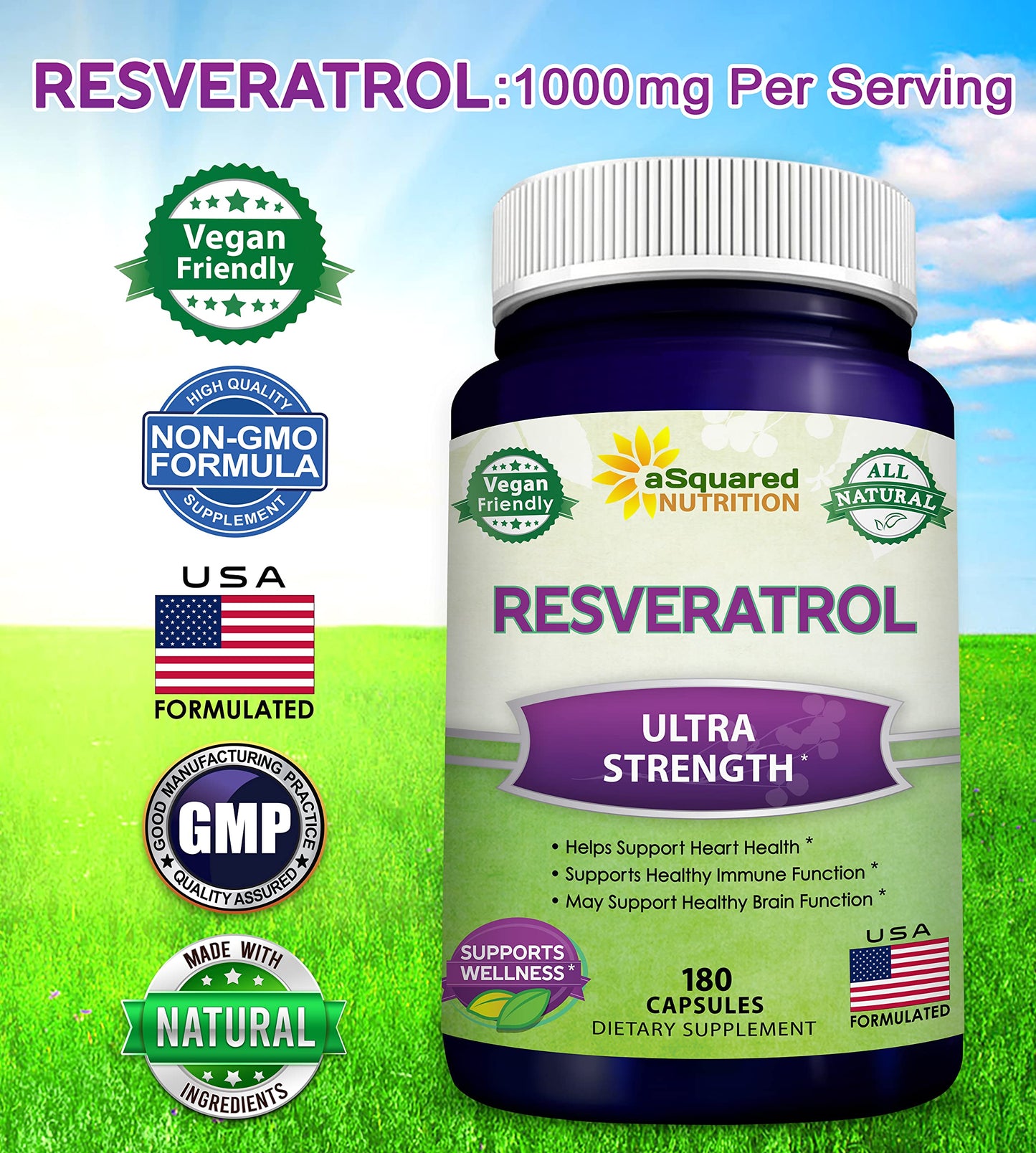 100% Natural Resveratrol - 1000mg Per Serving Max Strength (180 Capsules) Antioxidant Supplement, Trans-Resveratrol Pills for Heart Health & Pure, Polyphenols