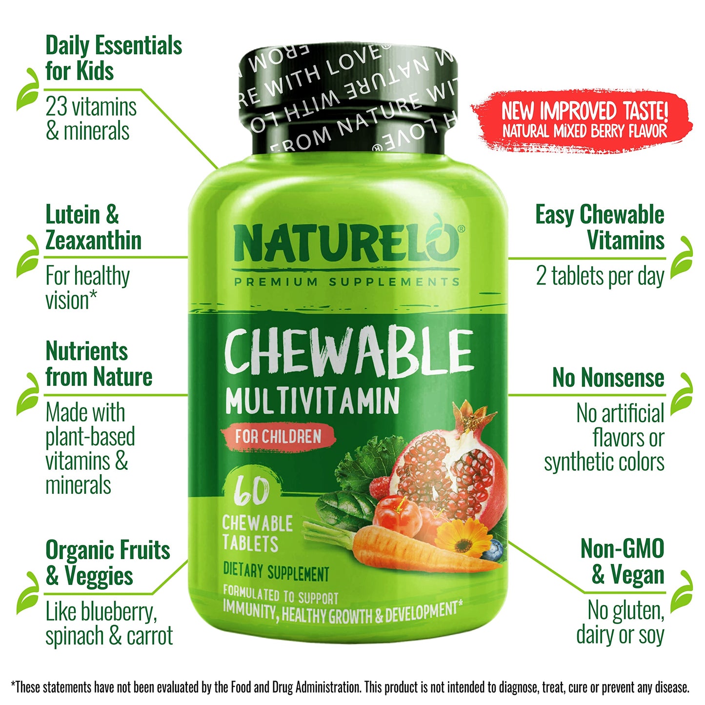 NATURELO Chewable Multivitamin for Children - with Vitamins & Minerals, Whole Food Organic Fruit Blend - Vegan, Vegetarian Supplement for Kids - 60 Tablets