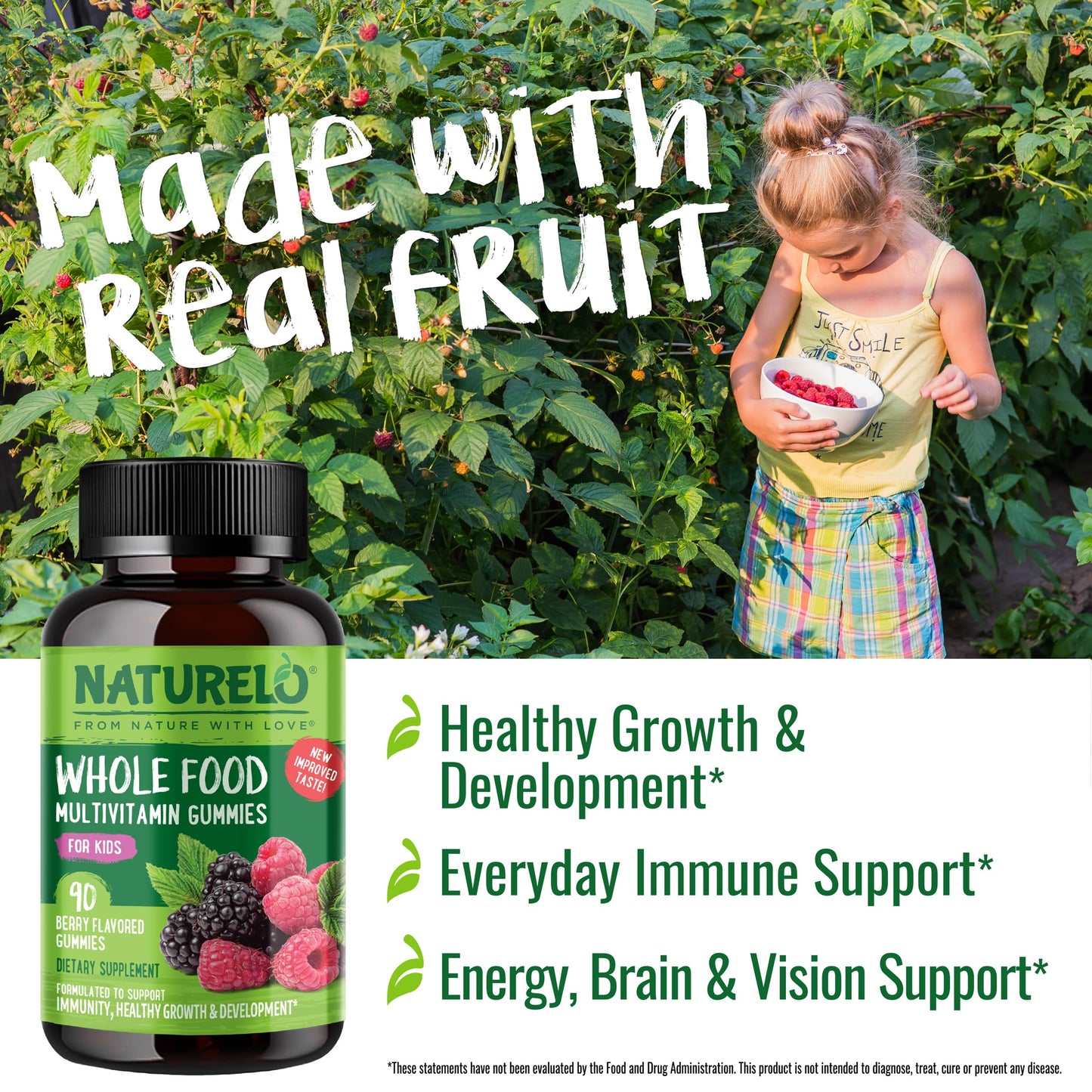 NATURELO Whole Food Vitamin Gummies for Kids - Chewable Gummy Multivitamin for Children - Non-GMO - with Vitamins & Minerals - 90 Vegan Gummies