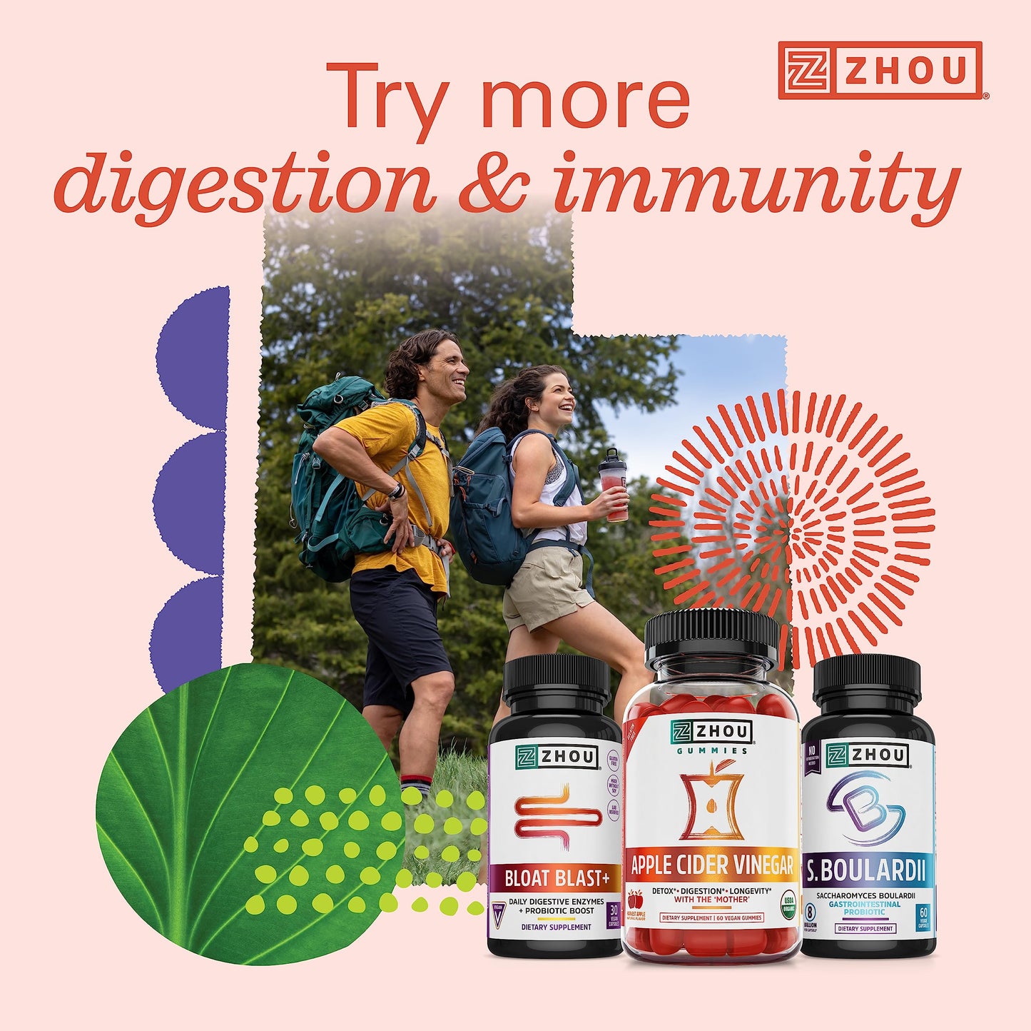 ZHOU Nutrition Gut Guru Prebiotics and Probiotics for Women and Men, 2 in 1 Probiotic and Prebiotic Gummies for Digestive Gut Health and Immune Support, Vegan, Gluten Free, Non-GMO, 60 Count