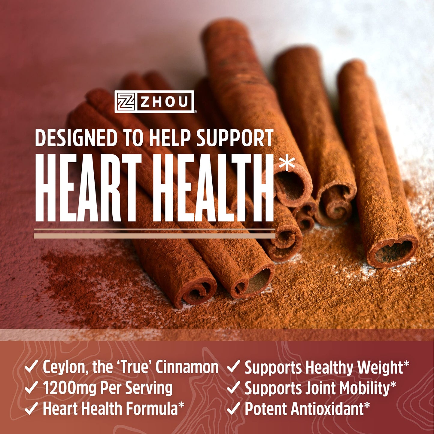 Zhou Heart Hero Ceylon Cinnamon - Ceylon Cinnamon Capsules for Women and Men, Cinnamon Verum Supplement with 1200 mg Per Serving for Heart and Joint Health - 60 Veggie Capsules