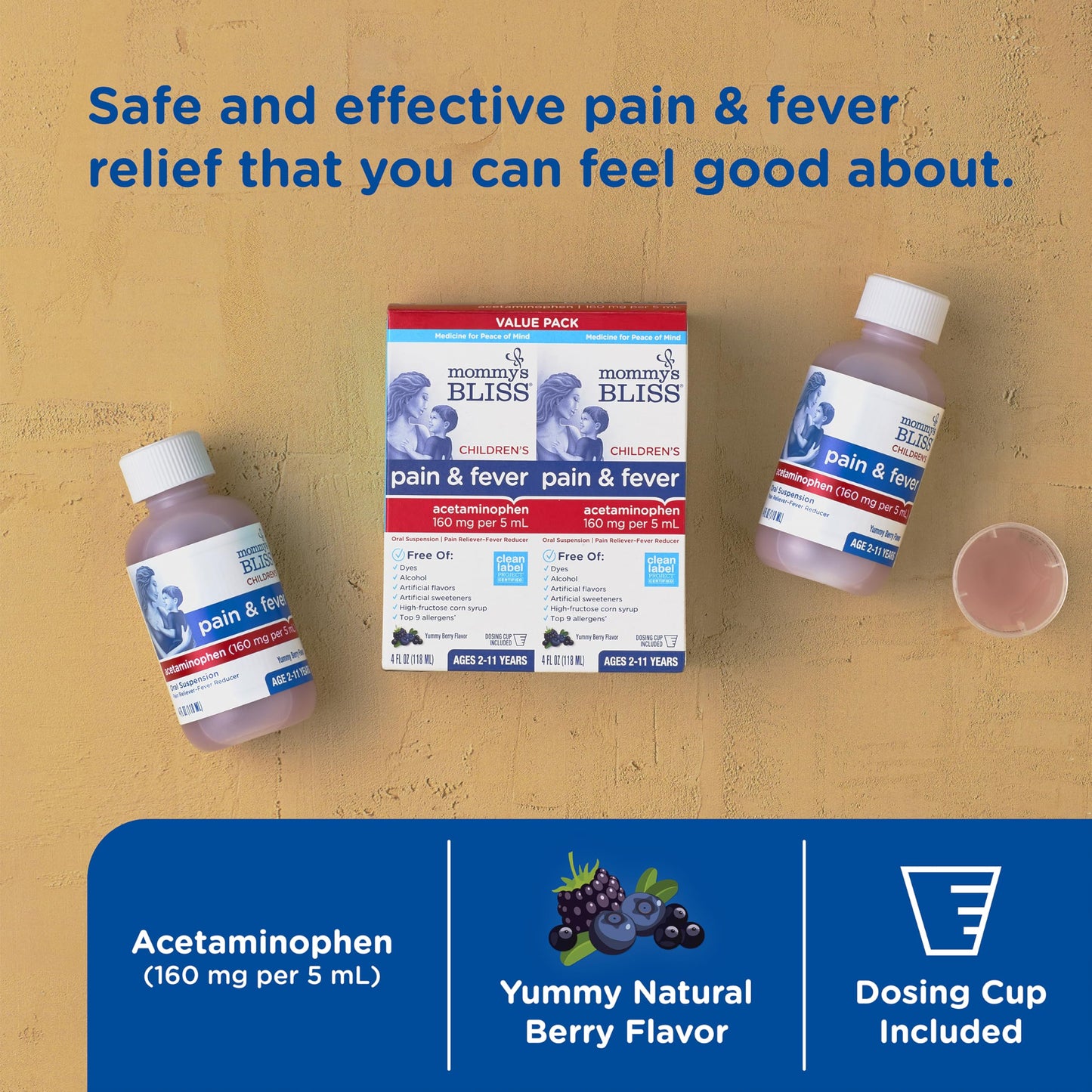 Mommy's Bliss Children's Pain and Fever Reducer, Kids Acetaminophen, Dye Free, Delicious Mixed Berry Flavor, Ages 2+, 4 Fluid Ounces (Pack of 2)