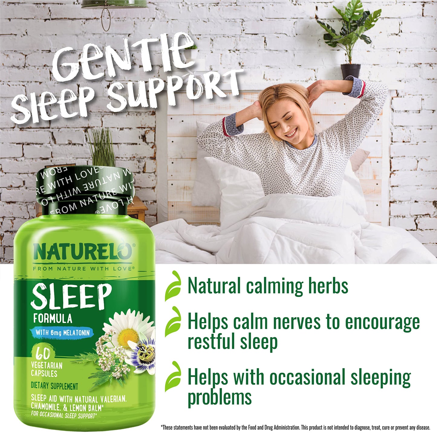 NATURELO Sleep Aid - with Melatonin, Magnesium, GABA, Valerian Root, Lemon Balm, Chamomile Herbal Extracts - Plant-Based Sleeping Aid - 60 Vegan Capsules