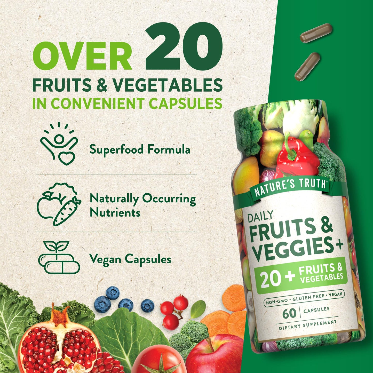 Nature's Truth Super Fruits and Veggies | 60 Vegan Capsules | Vitalizing Antioxidant Superfood Formula | Non-GMO & Gluten Free Supplement