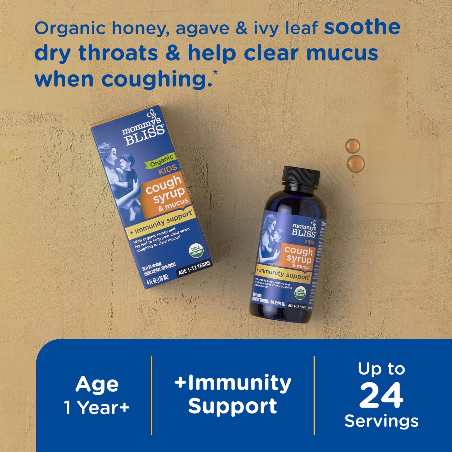 Mommy's Bliss Organic Kids Cough Syrup and Mucus Relief + Immunity Support, Agave & Honey, Ivy Leaf, Elderberry, Zinc, Vitamin C, 4 Fl Oz