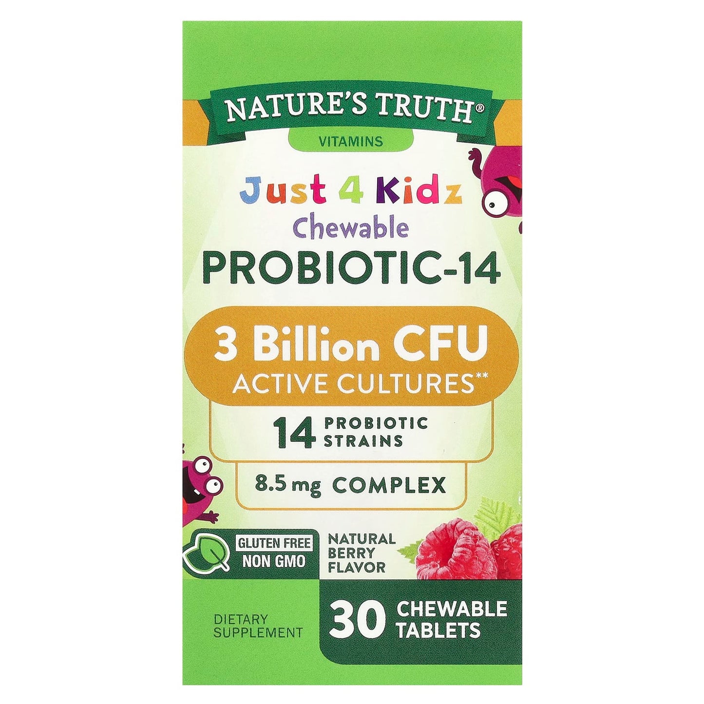 Nature's Truth
Just 4 Kidz, Chewable Probiotic-14, Natural Berry , 3 Billion CFU , 30 Chewable Tablets