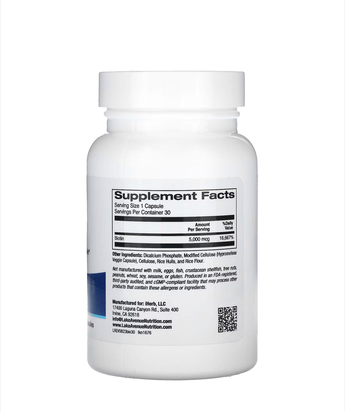 LAKE AVENUE NUTRITION BIOTIN 5,000MCG, 30 VEGGIE CAPSULES