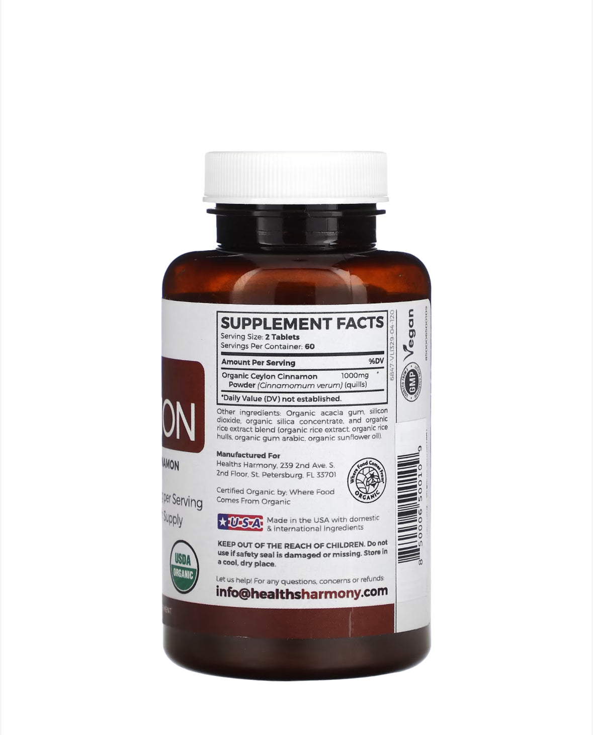 HEALTHS HARMONY ORGANIC CINNAMON, 120 TABLETS