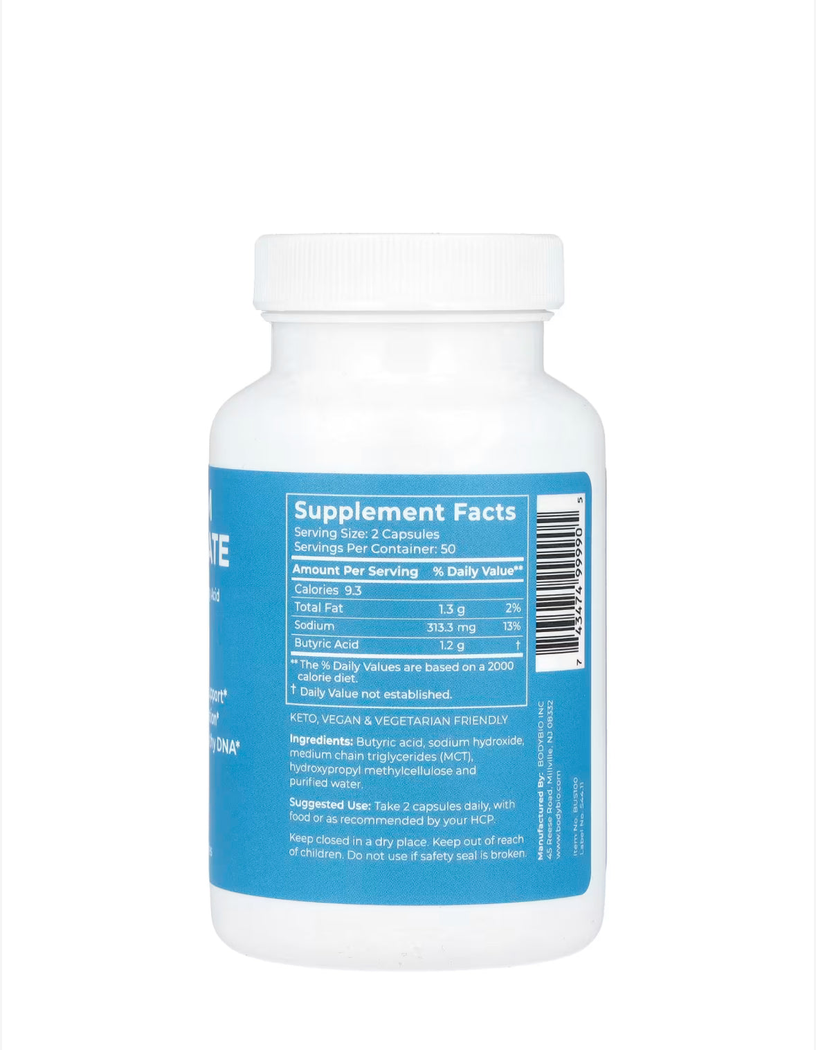Pre-Order | Arrives in 5–10 Days – BODYBIO SODIUM BUTYRATE, 100 NON-GMO CAPSULES