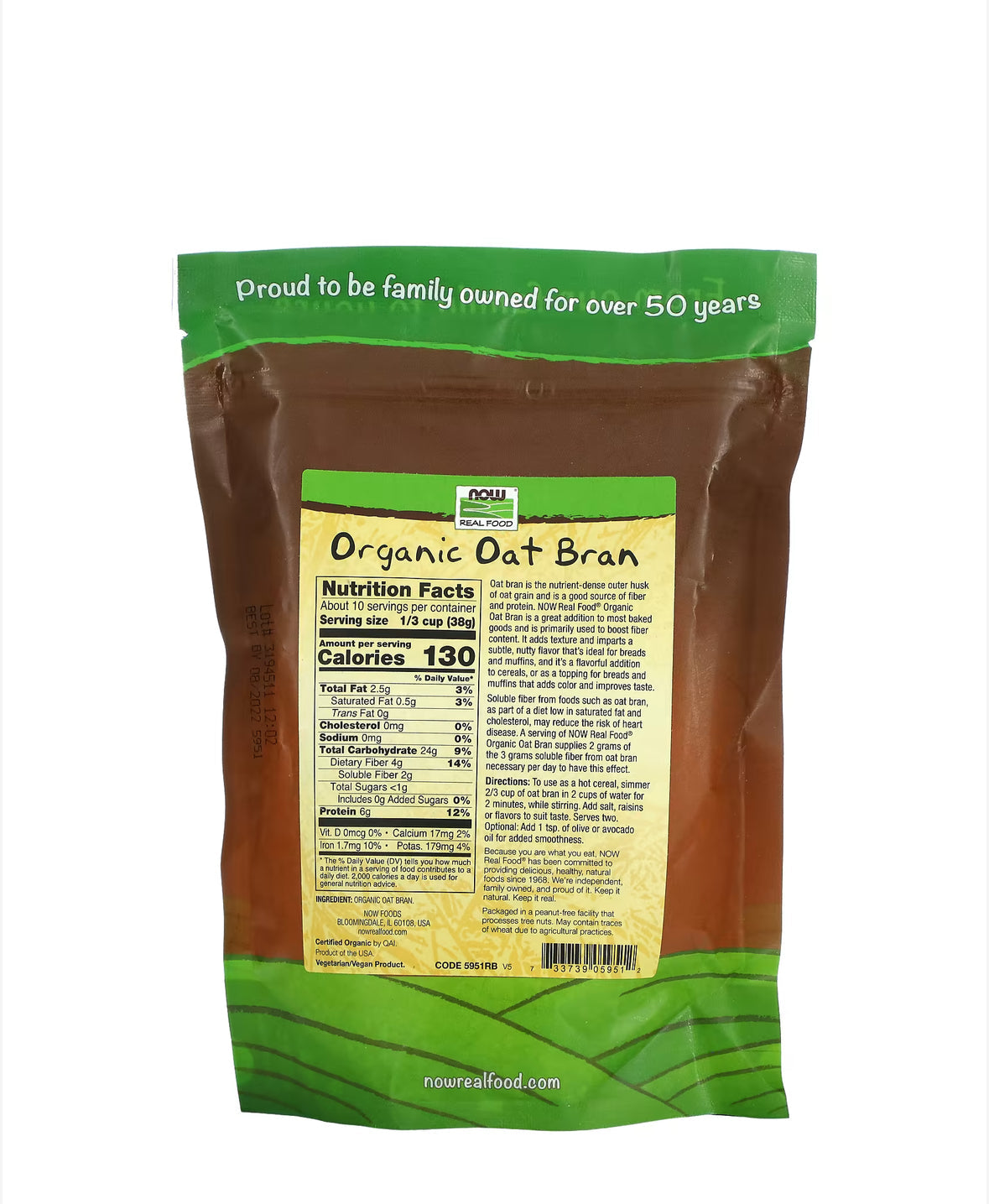 NOW ORGANIC OAT BRAN, 397G