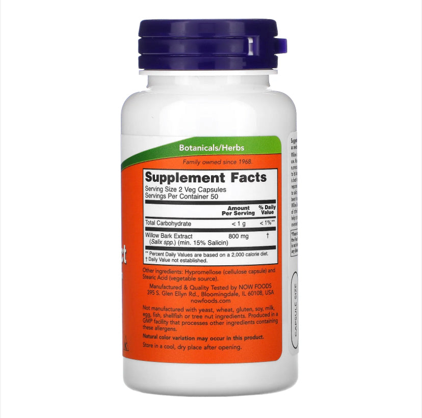 NOW WILLOW BARK EXTRACT 400MG, 100 VEG CAPSULES