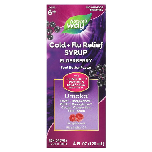 Nature's Way
Cold + Flu Relief Syrup, Elderberry, Umcka®, Ages 6+, Berry, 4 fl oz (120 ml)
