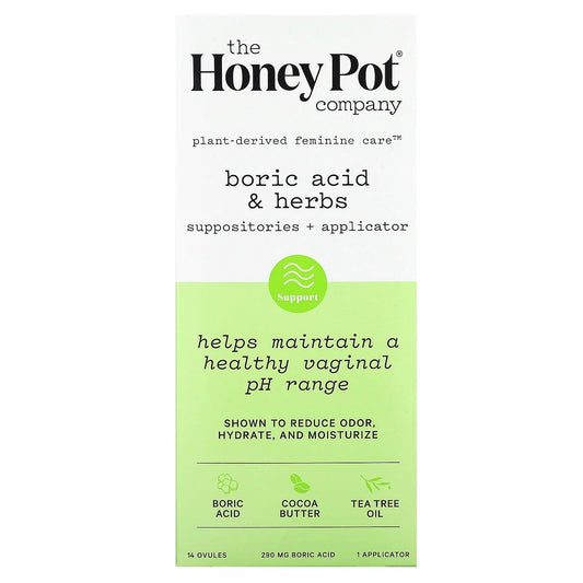 The Honey Pot Company
Boric Acid & Herbs, Suppositories + Applicator, 290 mg , 14 Ovules, 1 Applicator