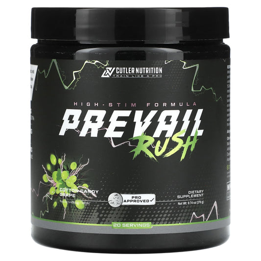 Pre-Order | Arrives in 5–10 Days – Cutler Nutrition
Prevail Rush, High-Stim Formula, Cotton Candy Grape, 9.74 oz (276 g)