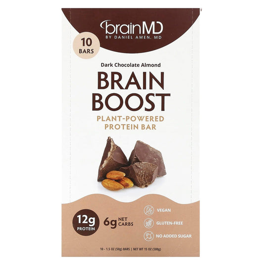 Pre-Order | Arrives in 5–10 Days – BrainMD
Brain Boost, Plant-Powered Protein Bar, Dark Chocolate Almond, 10 Bars, 1.5 oz (50 g) Each