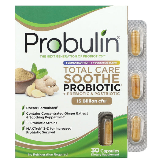 Probulin
Total Care Soothe Probiotic + Prebiotic & Postbiotic, 15 Billion CFU, 30 Capsules