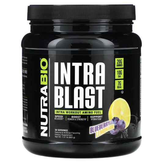 NutraBio
Intra Blast, Intra Workout Amino Fuel, Blueberry Lemonade, 1.51 lb (683 g)