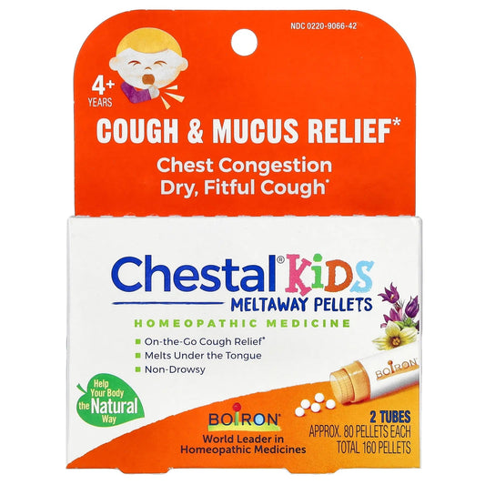 Pre-Order | Arrives in 5–10 Days – Boiron
Chestal Kids Meltaway Pellets, Cough & Mucus Relief, 4+ Years, 2 Tubes, Approx. 80 Pellets Each