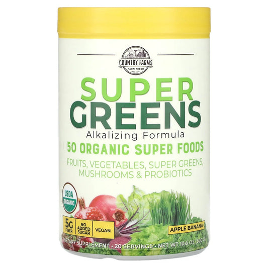 Pre-Order | Arrives in 5–10 Days – Country Farms
Super Greens, Alkalizing Formula, Apple Banana, 10.6 oz (300 g)