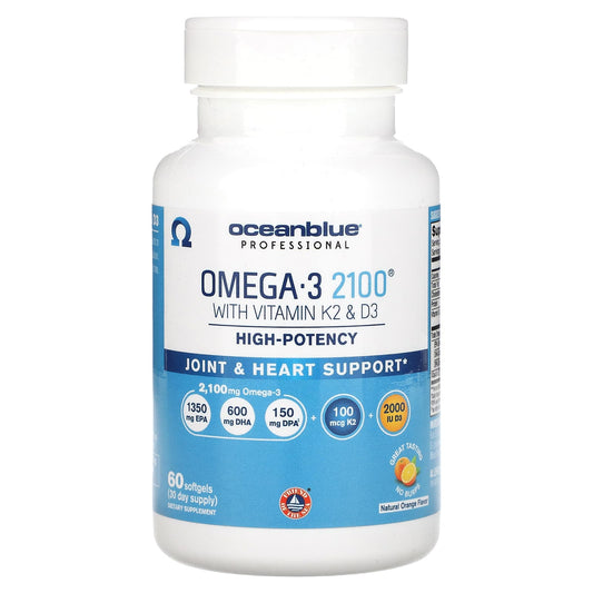 OceanBlue
Professional, Omega-3 2100 With Vitamin K2 & D3, High-Potency, Natural Orange, 60 Softgels