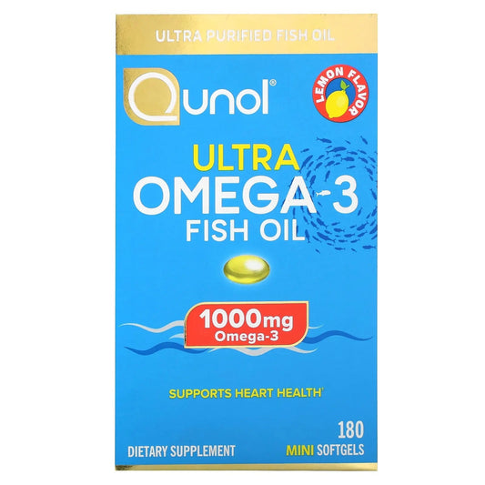 Qunol
Ultra Omega-3 Fish Oil, Lemon, 1,000 mg, 180 Mini Softgels (500 mg per Softgel)