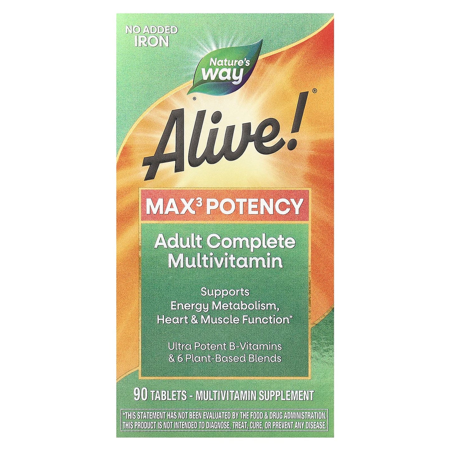 Nature's Way
Alive!® Max3 Potency, Adult Complete Multivitamin, No Added Iron, 90 Tablets