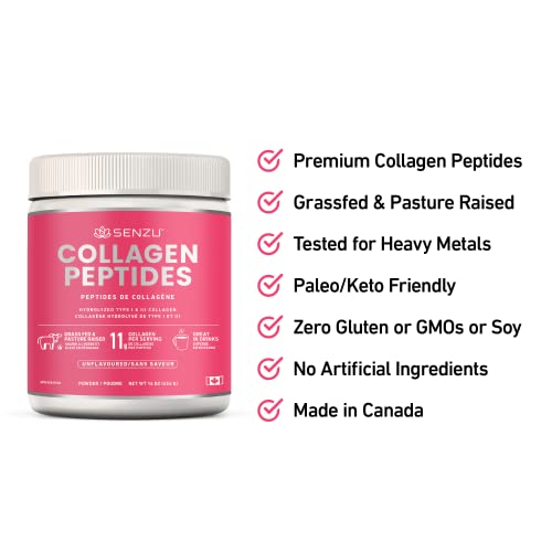 Premium Collagen Peptides Protein Powder For Healthy Hair, Skin, Nails, Joints - Hydrolyzed For Better Absorption | Made in Canada, Grass Fed, Keto, Kosher & Halal Certified - Non GMO, Gluten Free (454g / 16 oz)