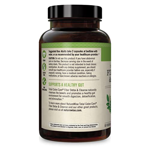 NatureWise Total Colon Care Fiber Cleanse with Herbal Laxatives, Prebiotics, & Digestive Enzymes for Healthy Elimination, Safe Digestion & Weight, Detox, & Gut Health [1 Month Supply - 60 Count]