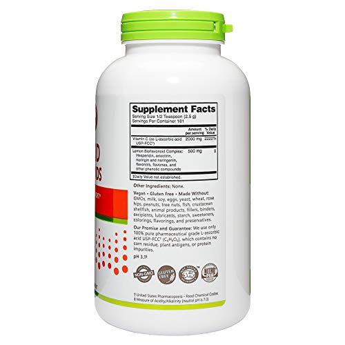NutriBiotic - Ascorbic Acid with Bioflavonoids Powder, 16 Oz | Highly Soluble Antioxidant & Collagen Support Supplement | 2000 Mg Vitamin C with Lemon Bioflavonoid Complex | Vegan, Gluten & GMO-Free