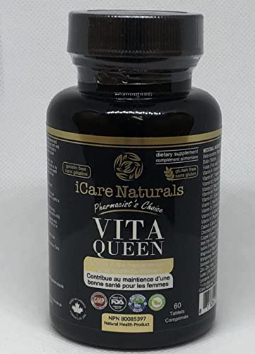 iCare Naturals Vita Queen - Multivitamins for Women - Halal | Gluten-Free | Vegetarian Friendly | Manufactured in Canada| GMP Certified | - Iron, Vitamin D3, B Vitamins and Antioxidant Vitamins C and E - Nourish Hair, Skin & Nails - 60 count