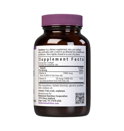 Pre-Order | Arrives in 5–10 Days – Bluebonnet Nutrition Vitamin A & D3 25,000 IU/1,000 IU from Deep Sea, Cold Water, Fish Oil - For Eye Health & Immune Function* - Gluten Free - Dairy Free - Molecularly Distilled - 100 Softgel/Servings
