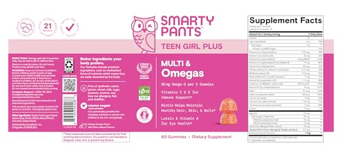 Pre-Order | Arrives in 5–10 Days – SmartyPants Teen Girl Multivitamin Gummies - Improved Formula: Omega 3 (DHA/EPA), Vitamin C, D3, B12, Vitamin A, K & Zinc, Biotin to Support Hair, Skin & Nails, Gluten Free, 60 Count (30 Day Supply)