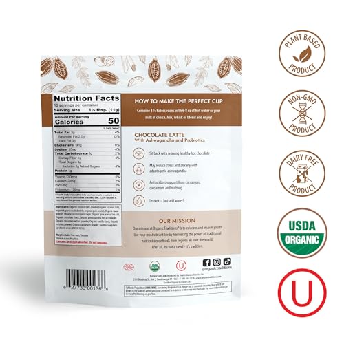 Organic Traditions Superfood Chocolate Latte – Creamy Coconut Milk Base - Dual Extract Ashwagandha – Easy to Mix - Sweetened with Coconut Palm Sugar – 1 Billion Probiotics per Serving - 150g/ 5.3oz Bag