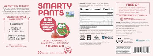 SmartyPants Kids Probiotic Immunity Gummies: Prebiotics & Probiotics for Immune Support & Digestive Comfort, Strawberry Crème, Vegan Gummy Vitamins, 60 Count, 30 Day Supply, No Refrigeration Required