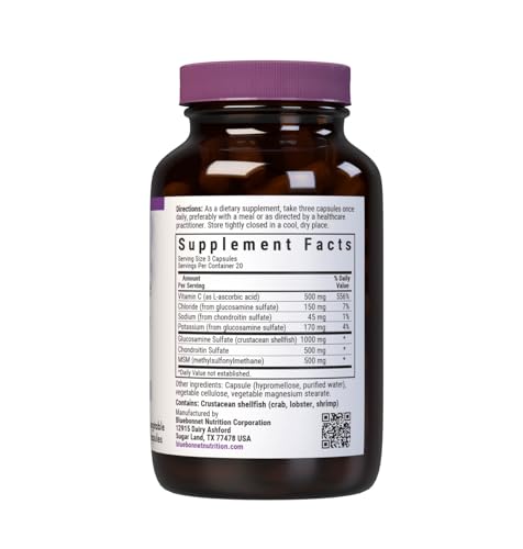 Bluebonnet Nutrition Glucosamine Chondroitin & MSM, Glucosamine, Bone & Joint Health*, Non-GMO, Gluten-Free, Soy-Free, Dairy-Free, 60 Vegetable Capsules, 20 Servings