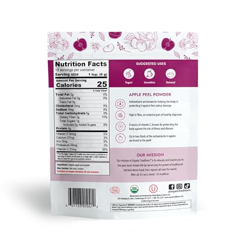 Organic Traditions Organic Apple Peel Powder Organic Apple Powder, Vegan Non-GMO Powdered Fruit, 3.5oz (100g)