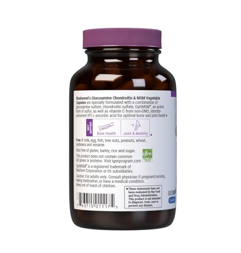 Bluebonnet Nutrition Glucosamine Chondroitin & MSM, Glucosamine, Bone & Joint Health*, Non-GMO, Gluten-Free, Soy-Free, Dairy-Free, 60 Vegetable Capsules, 20 Servings