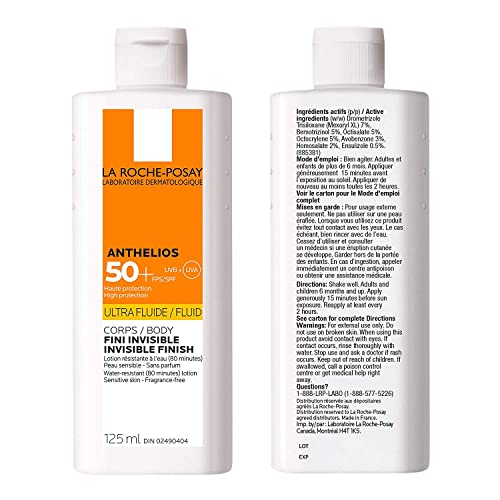 La Roche-Posay Anthelios Ultra Fluid Body Sunscreen Broad Spectrum SPF 50+, Reef Safe, Non-Greasy Matte Finish, 80 Min Water & Sweat Resistant, Fragrance Free, Dermatologist Recommended, 125ML, White
