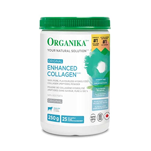 Organika Enhanced Collagen Peptides Protein Powder For Healthy Hair, Skin, Nails, Joints - Hydrolyzed For Better Absorption - Non-GMO - Unflavoured 250g