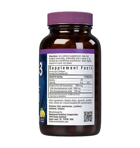 BlueBonnet Nutrition Omega-3 Brain Formula Natural Wild Caught Triglyceride Form DHA 1000 mg EPA 210 mg, Highly Concentrated Cognitive Health & Wellness Support Supplement, Gluten-Free Softgel, Yellow/Clear, Lemon, 120 Count