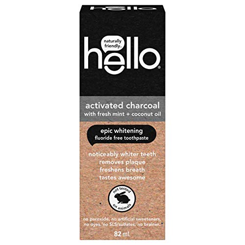 Hello Activated Charcoal Epic Teeth Whitening Fluoride Free Toothpaste, Fresh Mint and Coconut Oil, Vegan, SLS Free, Gluten Free and Peroxide Free, 82 mL
