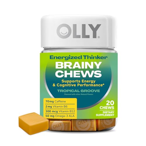 OLLY Energized Thinker Brainy Chews, 70mg of Caffeine, Vitamin B12 & Omega-3, Energy Supplement, Tropical, Vegetarian, 20 Count