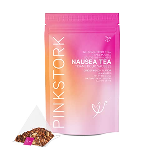 Pink Stork Nausea Relief Tea: 100% Organic Nausea Relief Tea, Ginger Tea for Motion Sickness, Digestion, Nausea Relief for Women, Women-Owned, Ginger Peach, 30 Cups