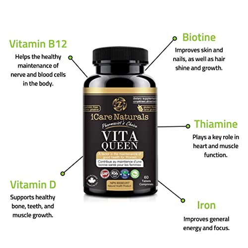 iCare Naturals Vita Queen - Multivitamins for Women - Halal | Gluten-Free | Vegetarian Friendly | Manufactured in Canada| GMP Certified | - Iron, Vitamin D3, B Vitamins and Antioxidant Vitamins C and E - Nourish Hair, Skin & Nails - 60 count