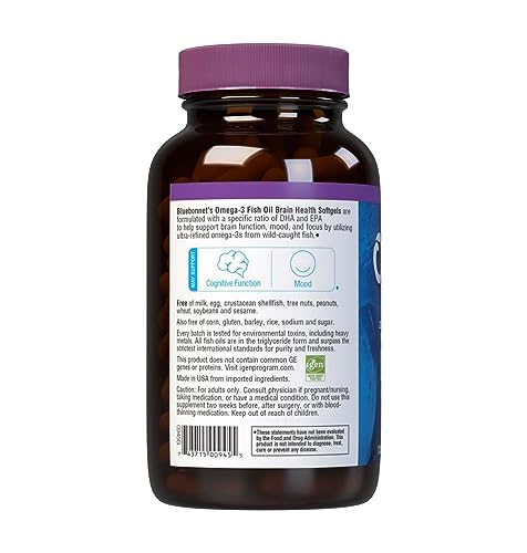 BlueBonnet Nutrition Omega-3 Brain Formula Natural Wild Caught Triglyceride Form DHA 1000 mg EPA 210 mg, Highly Concentrated Cognitive Health & Wellness Support Supplement, Gluten-Free Softgel, Yellow/Clear, Lemon, 120 Count
