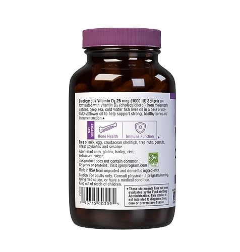 Pre-Order | Arrives in 5–10 Days – Bluebonnet Nutrition Vitamin D3 1000 IU Softgels, Aids in Muscle and Skeletal Growth, Cholecalciferol from Fish Oil, Non GMO, Gluten Free, Soy Free, Dairy Free, 250 Softgels