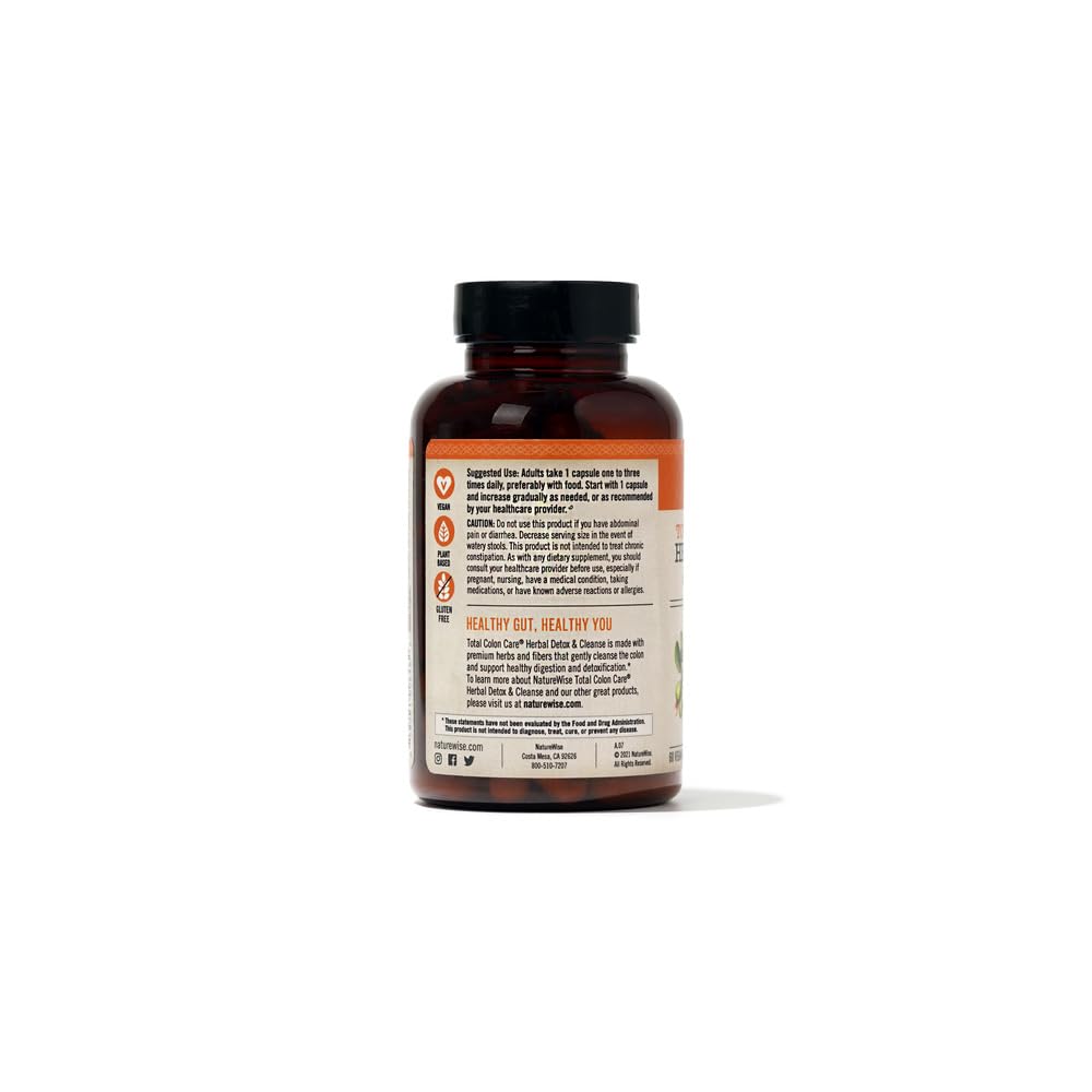 Naturewise Total Colon Care Herbal Cleanse - With Prebiotics, Botanicals, & Antioxidants - for Regular Bowel Movement, Digestion, Gut Health - Vegan, Gluten-Free, Non-GMO - 60 Capsules[2-Month Supply]