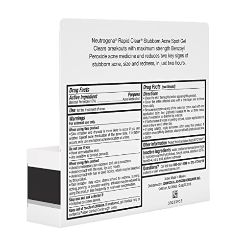 Neutrogena Rapid Clear Stubborn Acne Spot Treatment Gel, Maximum Strength 10% Benzoyl Peroxide Treatment Medication for Acne Prone Skin, Pimple Cream Reduces Size & Redness in 2 Hours, 1 oz