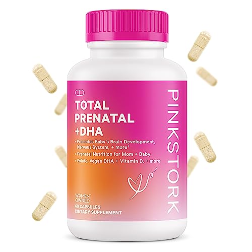 Pink Stork Total Prenatal Vitamins with DHA, Choline, Folate, Iron, and Vitamin B12, Prenatals for Women to Support Fetal Development, Pregnancy Must Haves - 60 Capsules, 1 Month Supply